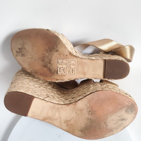 Michael Kors Espadrille Sandals Size 8.5 Platform Gold Leather Giovanna 5" Wedge - Picture 12 of 14